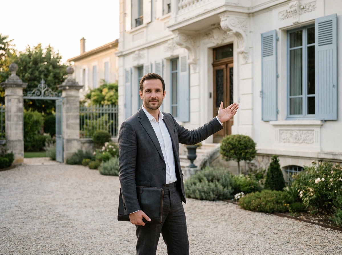 Agent immobilier devant une villa Belle Époque rénovée à Dinard avec volets bleus et jardin soigné