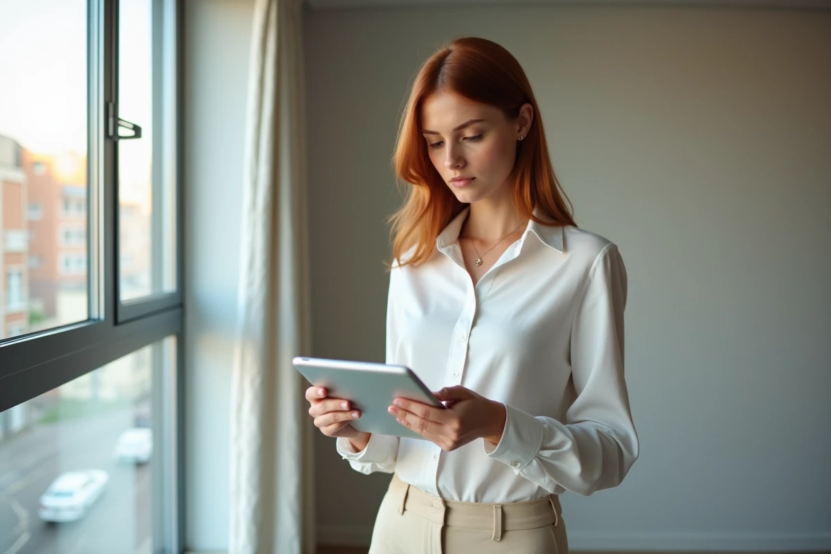 Femme agent immobilier consultant une visite virtuelle maison sur tablette dans un appartement vide