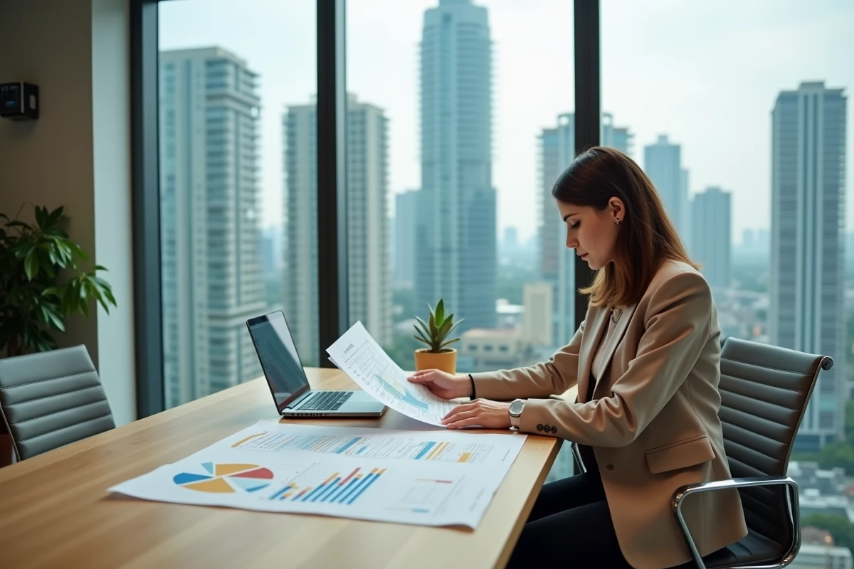 Femme analyste immobilière étudiant des cartes et graphiques d'investissement dans une agence moderne