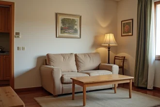Intérieur d'un appartement Pierre et Vacances en résidence de tourisme à la montagne, avec mobilier standard et signes d'usure locative