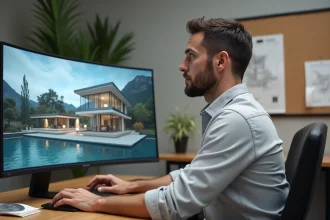 Architecte utilisant un logiciel de visite virtuelle 360 sur ordinateur pour évaluer le rendu d'une maison