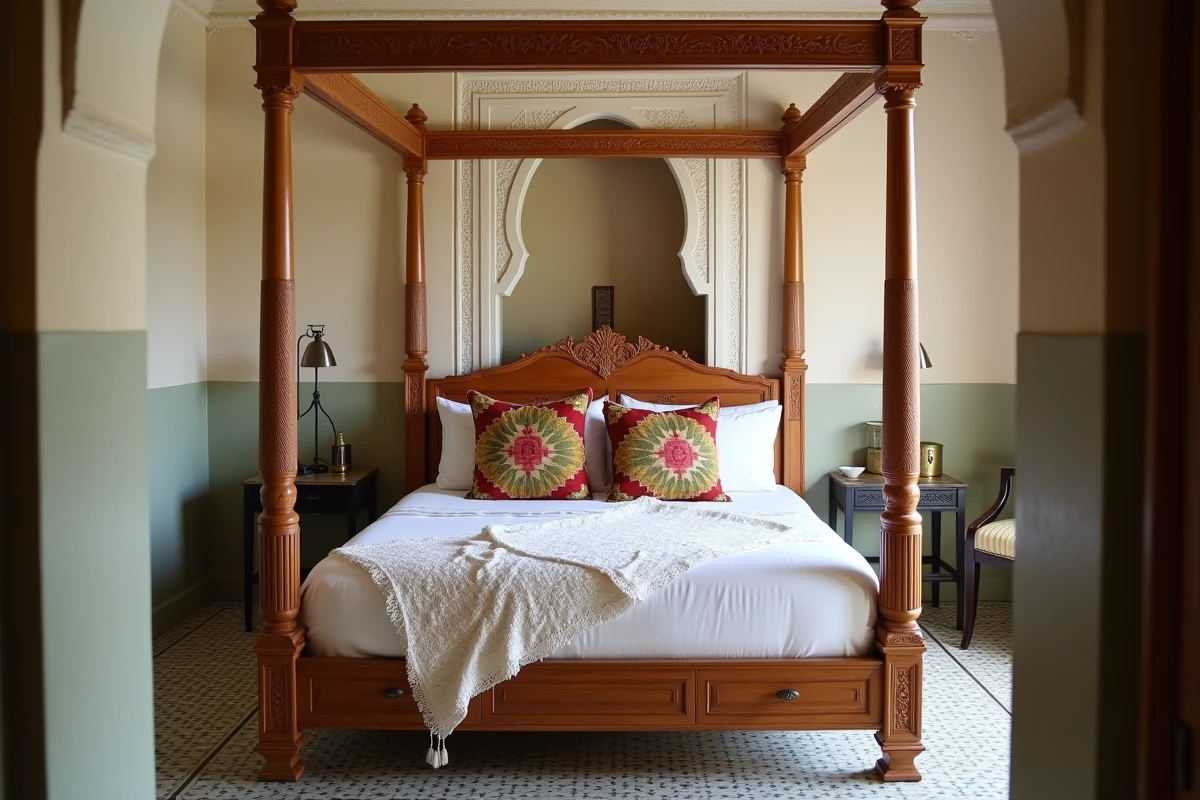 Chambre d'hôtes aménagée dans un riad à vendre à Marrakech avec lit en bois de cèdre sculpté et carrelage zellige, potentiel maison d'hôtes