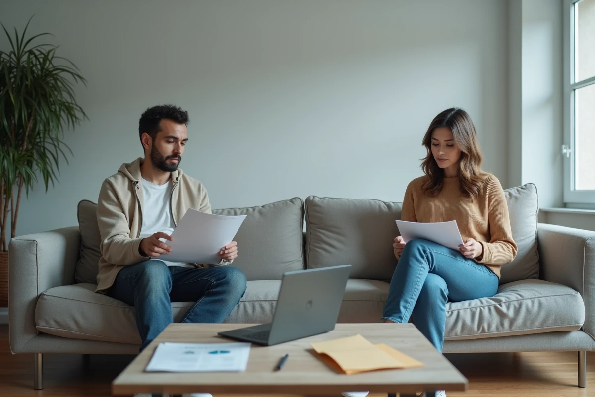Deux copropriétaires en indivision assis à distance dans un salon, illustrant le conflit lié au remboursement seul d'un crédit immobilier