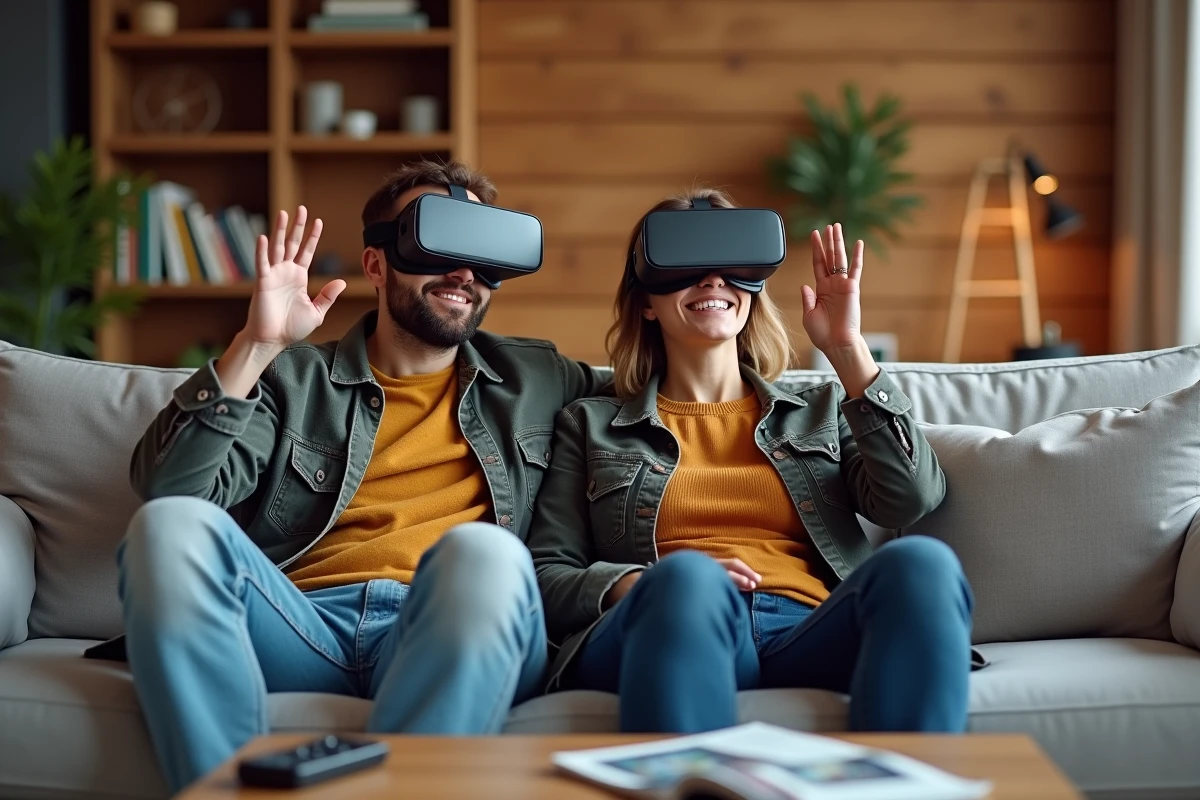 Couple utilisant des casques VR pour explorer une visite virtuelle d'une maison à vendre depuis leur salon