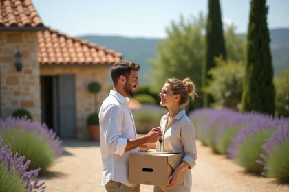 Couple devant une maison en pierre du sud de la France tenant des clés lors d'un déménagement