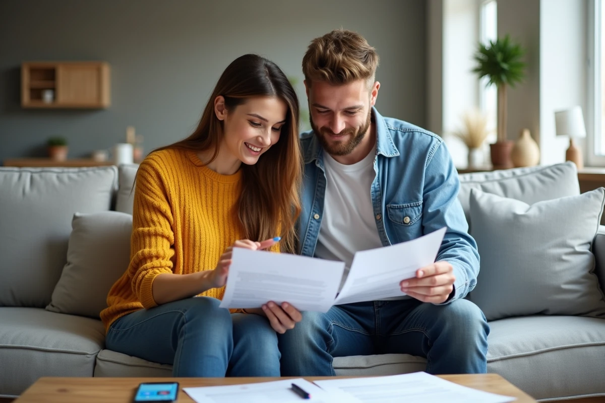 Couple révisant ensemble leur dossier de location et leur lettre de motivation pour un appartement