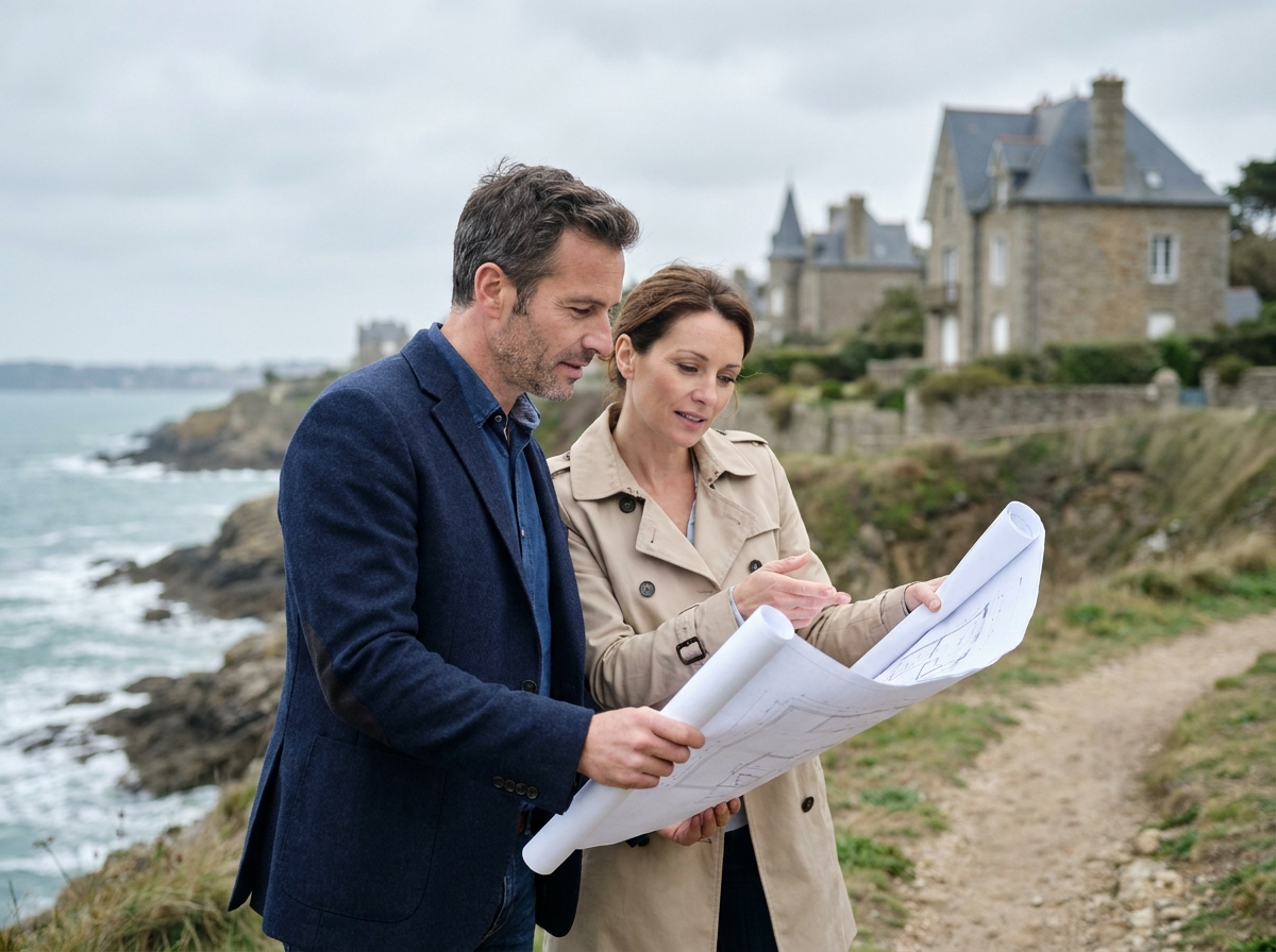 Couple de professionnels étudiant des plans architecturaux sur les falaises de Dinard avec des villas bretonnes en arrière-plan