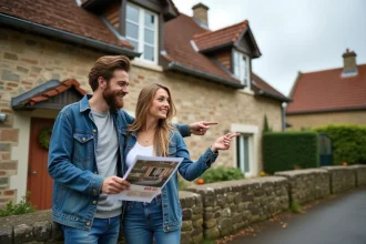 Couple visitant une maison à louer en Seine-Maritime avec façade en colombages normands