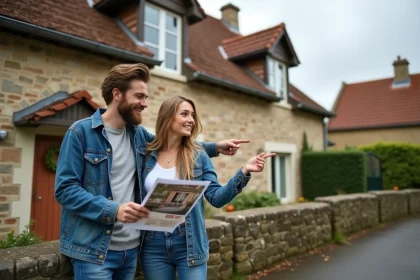 Couple visitant une maison à louer en Seine-Maritime avec façade en colombages normands