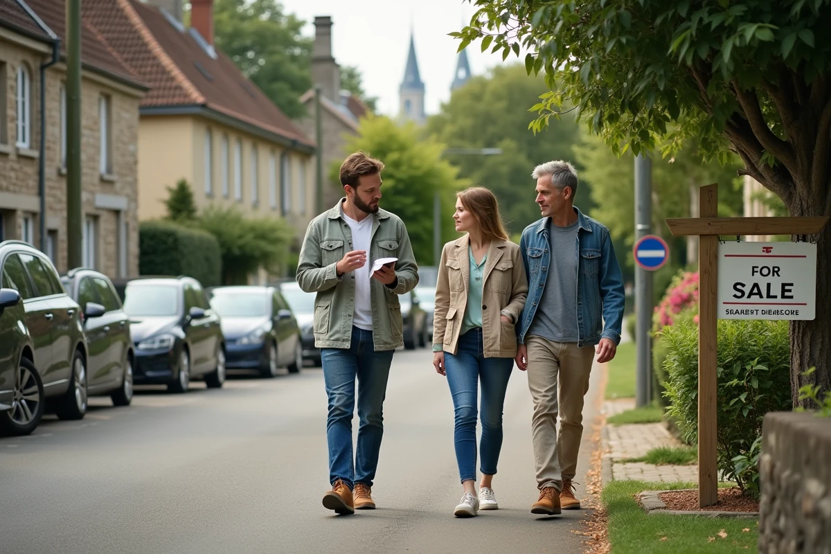 Couple visitant une maison à vendre dans un quartier résidentiel pour un projet d'investissement immobilier local