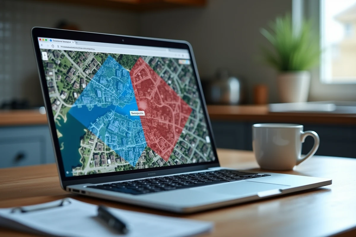 Écran d'ordinateur portable affichant une carte des zones inondables sur Géoportail urbanisme posé sur une table de cuisine