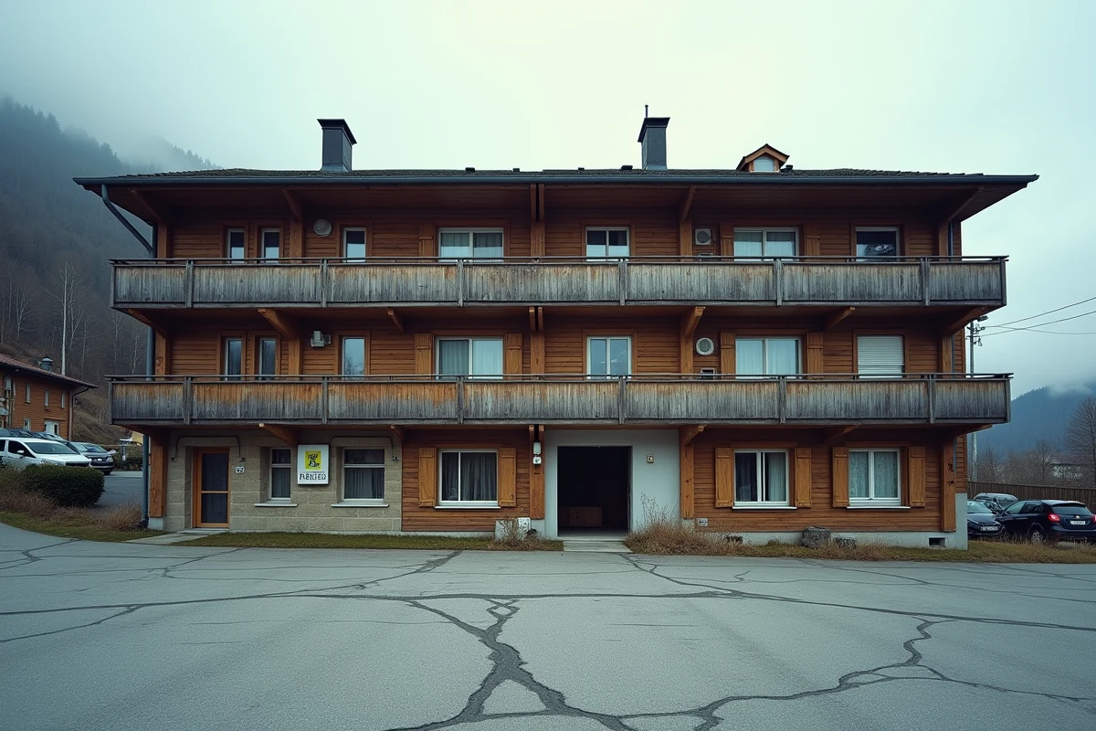 Façade extérieure d'une résidence de tourisme Pierre et Vacances en station de ski alpine, avec balcons fermés et signes de vieillissement du bâtiment