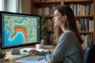 Femme consultant une carte des risques d'inondation sur Géoportail urbanisme à son bureau à domicile
