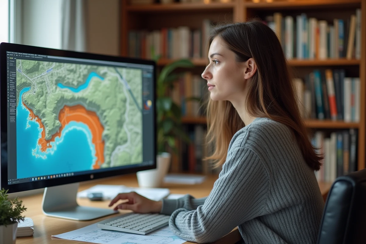 Femme consultant une carte des risques d'inondation sur Géoportail urbanisme à son bureau à domicile