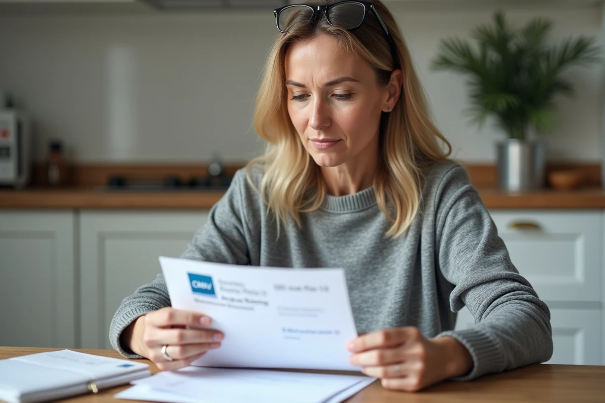 Femme examinant son courrier officiel de l'Assurance Retraite avec adresse 121 rue Manin Paris dans sa cuisine