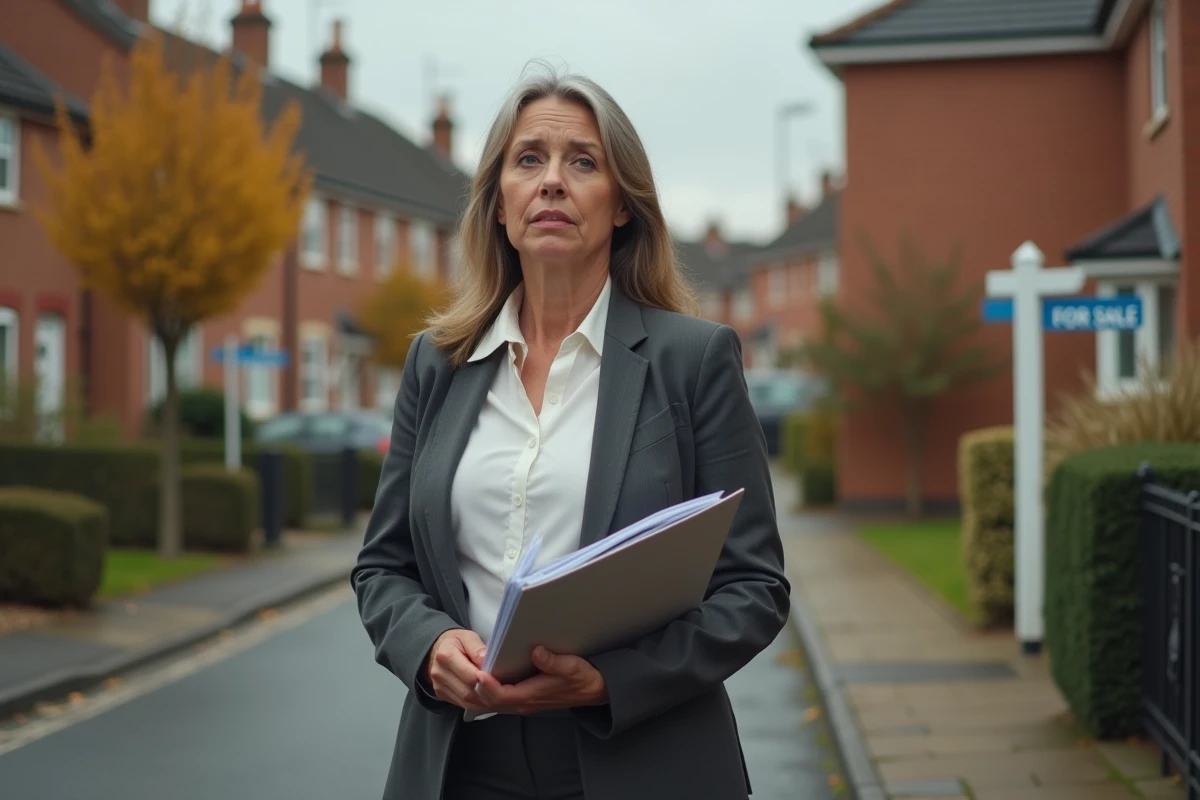 Femme portant des documents immobiliers devant une maison en indivision mise en vente, illustrant les risques du crédit partagé