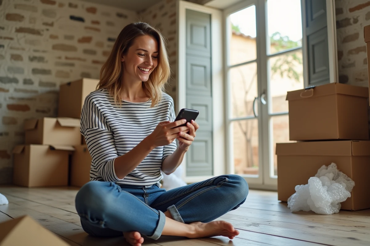 Femme assise entourée de cartons lors d'un déménagement dans une maison du sud de la France