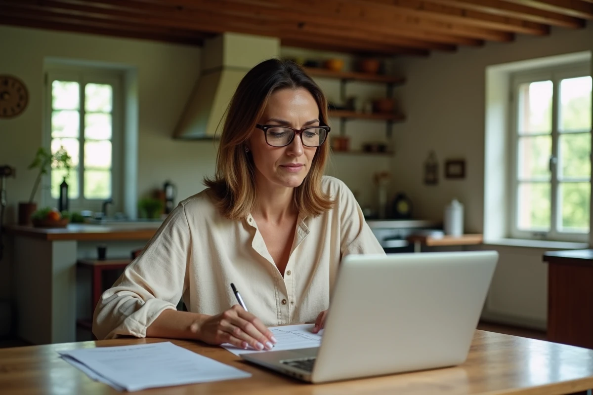 Femme comparant des offres de location de maison en Seine-Maritime sur ordinateur portable