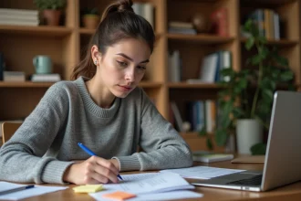 Jeune femme révisant sa lettre de motivation pour un appartement à son bureau à domicile