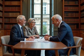 Couple de retraités en réunion avec un conseiller financier dans un bureau notarial parisien pour financer un viager libre en Île-de-France