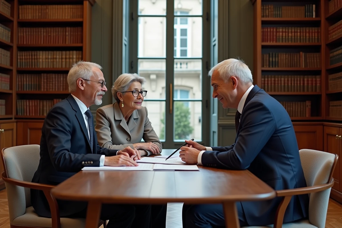 Couple de retraités en réunion avec un conseiller financier dans un bureau notarial parisien pour financer un viager libre en Île-de-France
