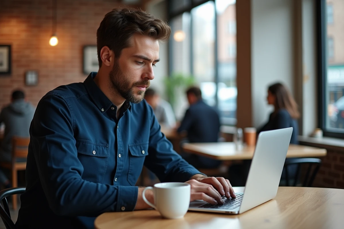 Homme rédigeant une lettre de motivation pour appartement depuis un café avec son ordinateur portable