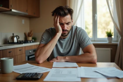 Homme seul face à des documents de crédit immobilier en indivision, exprimant une inquiétude financière à la maison