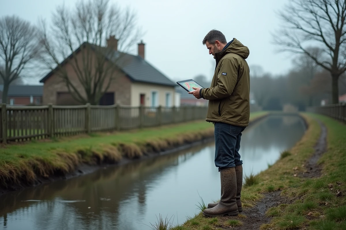 Homme sur un terrain résidentiel consultant une carte de risque d'inondation sur tablette près d'un cours d'eau