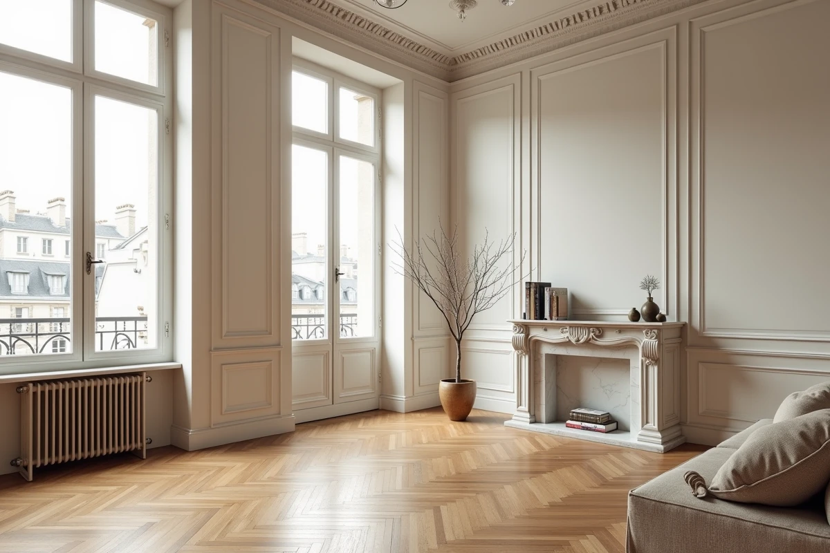 Intérieur d'un appartement de luxe parisien avec parquet chevron, moulures et cheminée en marbre dans un arrondissement huppé
