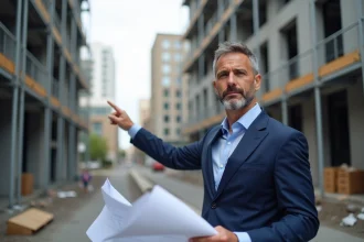 Investisseur immobilier devant un immeuble en construction dans un quartier urbain rentable