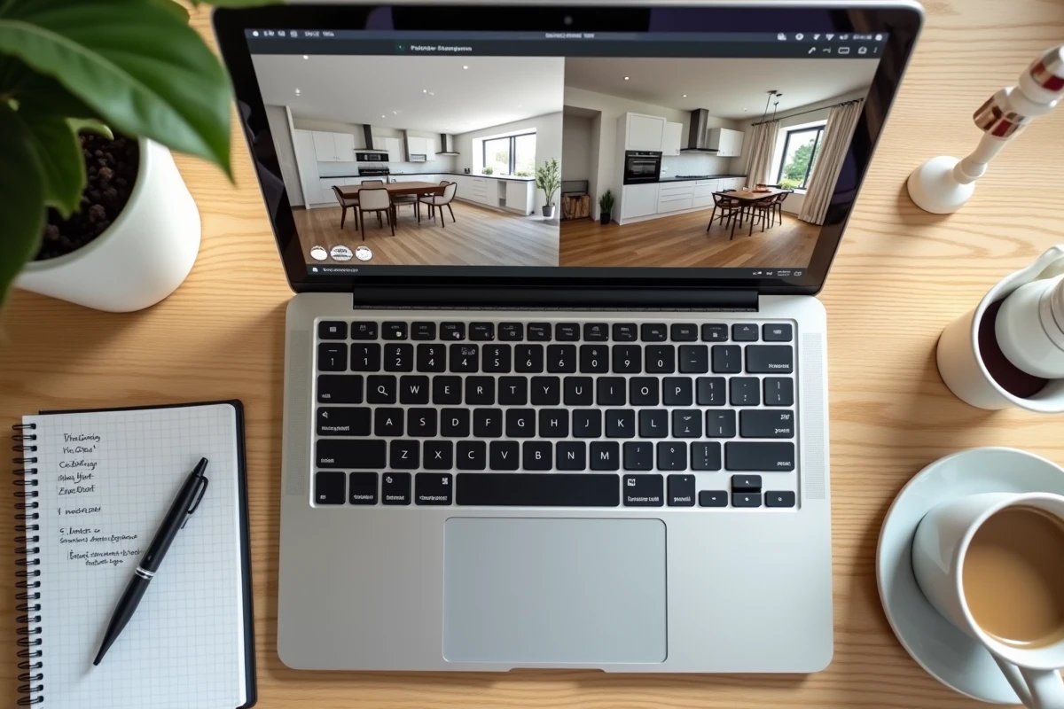 Interface d'un logiciel de visite virtuelle maison 360 ouverte sur un ordinateur portable avec prise de notes