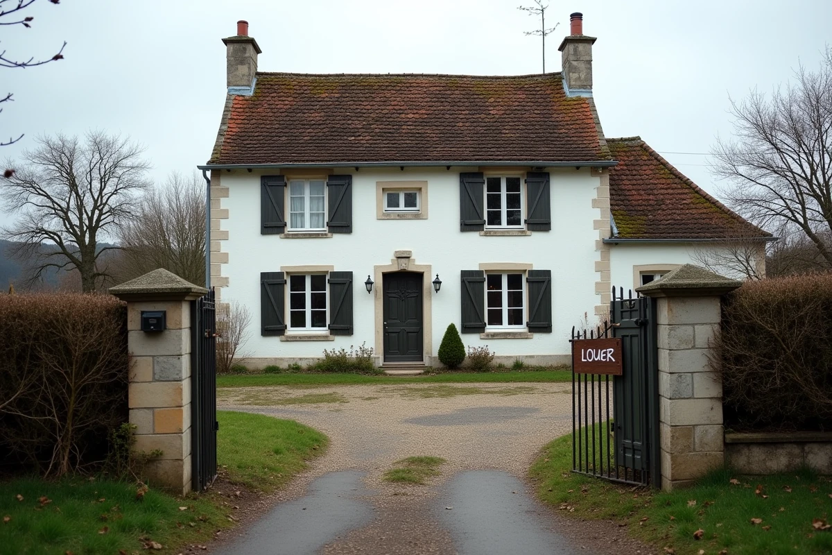 Maison normande à louer en Seine-Maritime avec panneau location et volets en bois