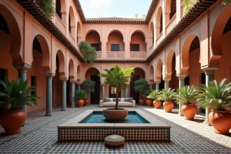 Patio intérieur d'un petit riad traditionnel à vendre à Marrakech avec fontaine en zellige et jardin central, idéal pour projet maison d'hôtes