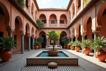 Patio intérieur d'un petit riad traditionnel à vendre à Marrakech avec fontaine en zellige et jardin central, idéal pour projet maison d'hôtes