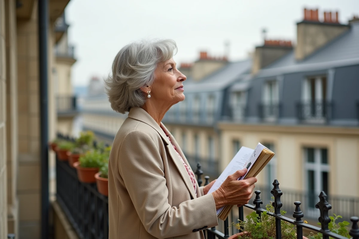 Femme retraitée sur un balcon haussmannien à Paris tenant une brochure immobilière, symbolisant la vente en viager libre en Île-de-France