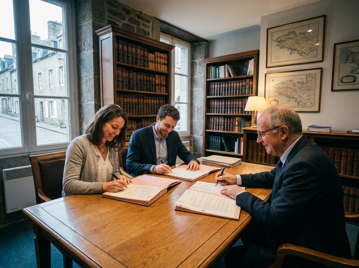 Signature d'acte notarié pour un achat immobilier à Dinard dans un bureau de notaire traditionnel breton
