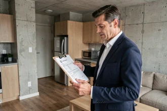 Agent immobilier examinant le diagnostic d'un bail commercial dans un appartement de location courte durée