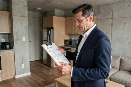 Agent immobilier examinant le diagnostic d'un bail commercial dans un appartement de location courte durée