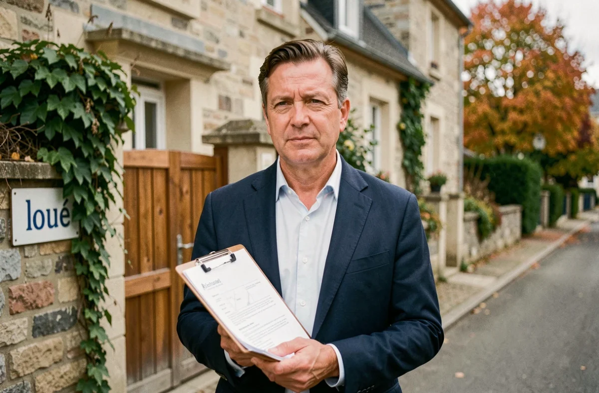 Agent immobilier tenant des documents de propriété devant une maison louée dans une rue résidentielle française