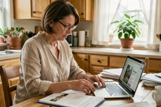 Femme analysant une offre de donation immobilière gratuite à domicile avec des documents et un ordinateur portable