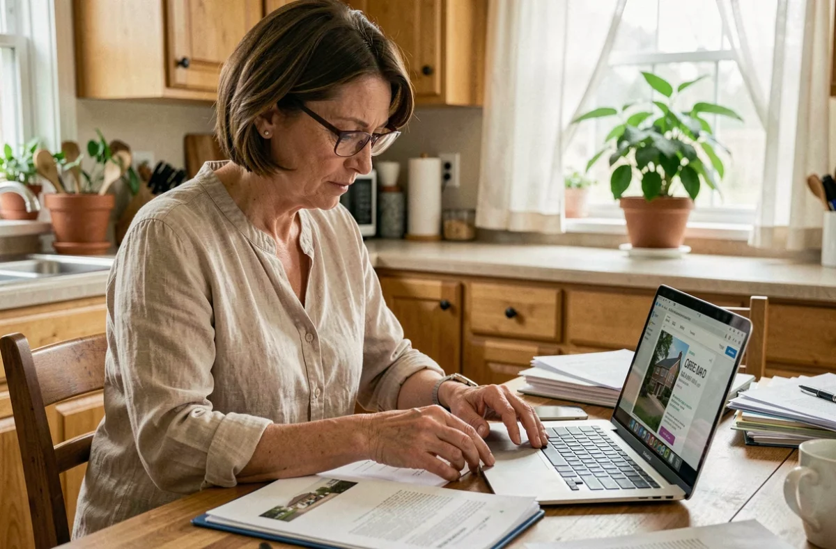 Femme analysant une offre de donation immobilière gratuite à domicile avec des documents et un ordinateur portable