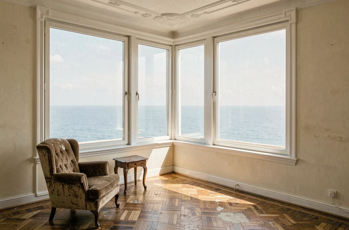 Appartement ancien avec vue mer panoramique, parquet vieilli et grandes fenêtres donnant sur l'océan à rénover
