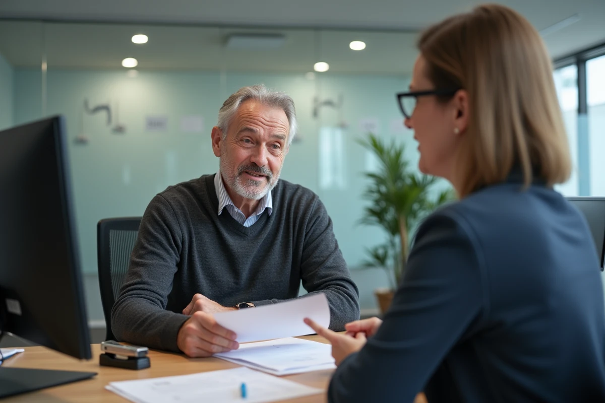 Bailleur discutant d'un formulaire APL avec un conseiller en agence immobilière