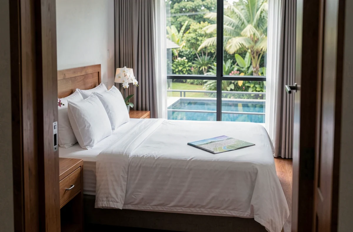 Chambre d'un condominium thaïlandais à Chiang Mai préparée pour la location courte durée avec vue sur jardin tropical