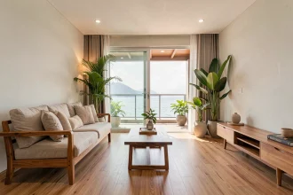 Salon moderne d'un condominium thaïlandais aménagé pour la location saisonnière avec vue sur l'océan à Phuket