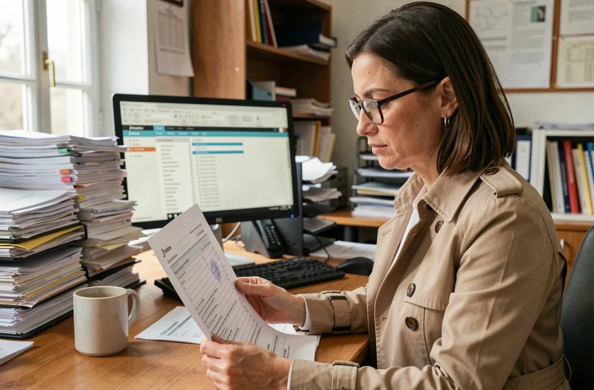 Femme consultant un document cadastral sur la propriété d'un bien immobilier dans un bureau administratif