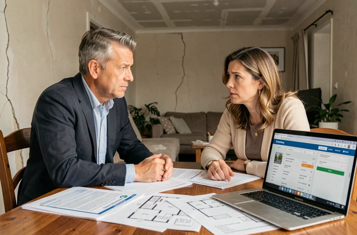 Couple discutant de travaux immobiliers et d'estimation en ligne autour de documents de rénovation
