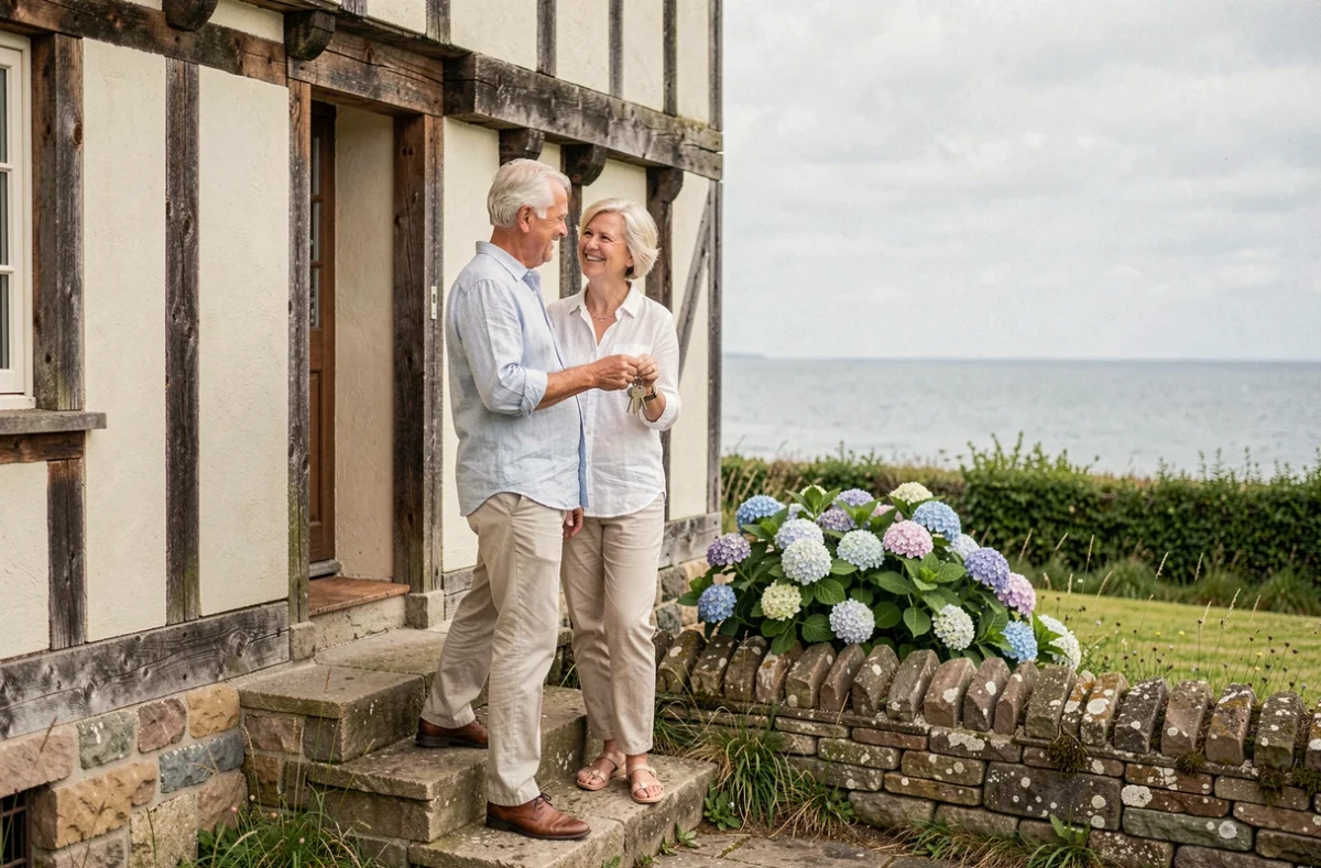 Couple de retraités devant une maison normande à colombages en bord de mer tenant les clés de leur nouveau bien immobilier
