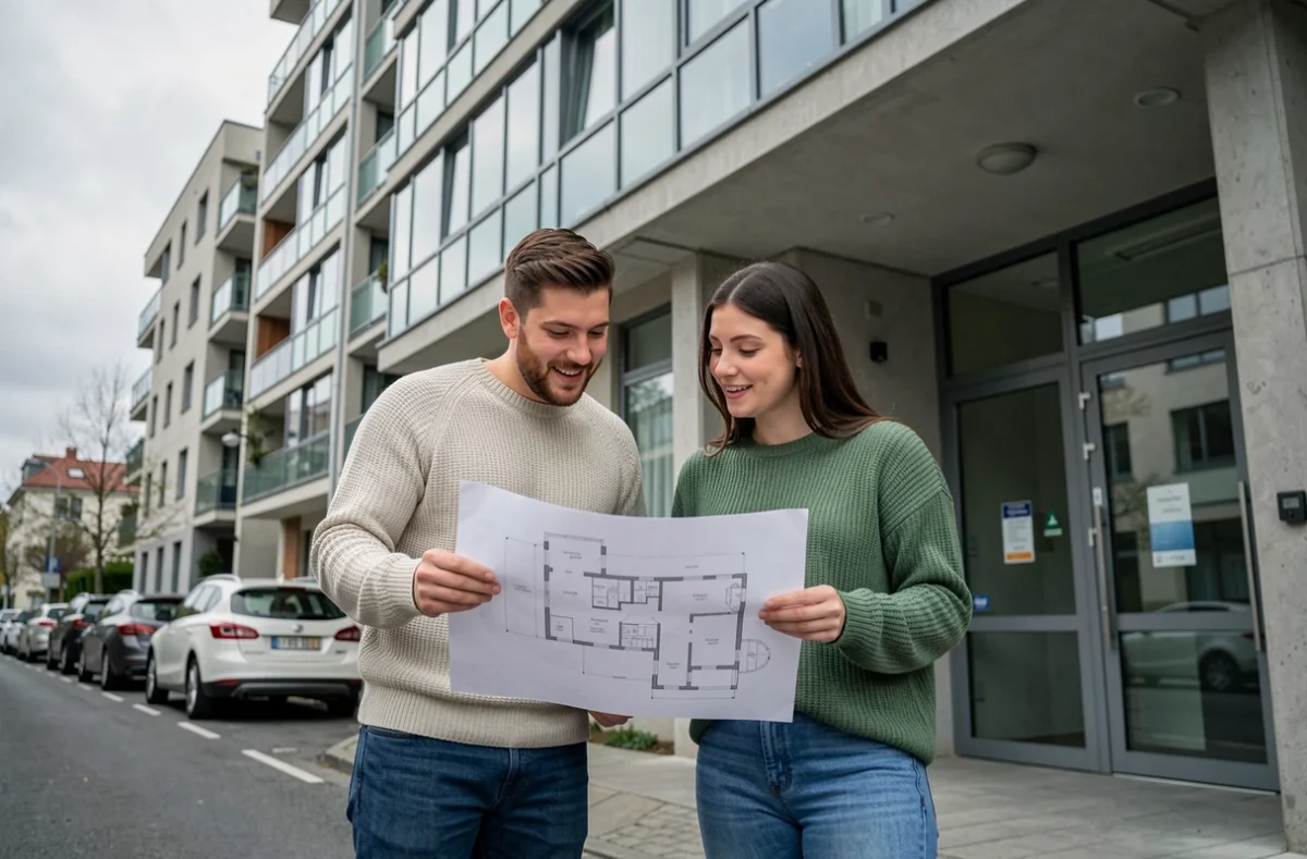 Couple examinant le plan d'un appartement devant un immeuble résidentiel moderne en ville