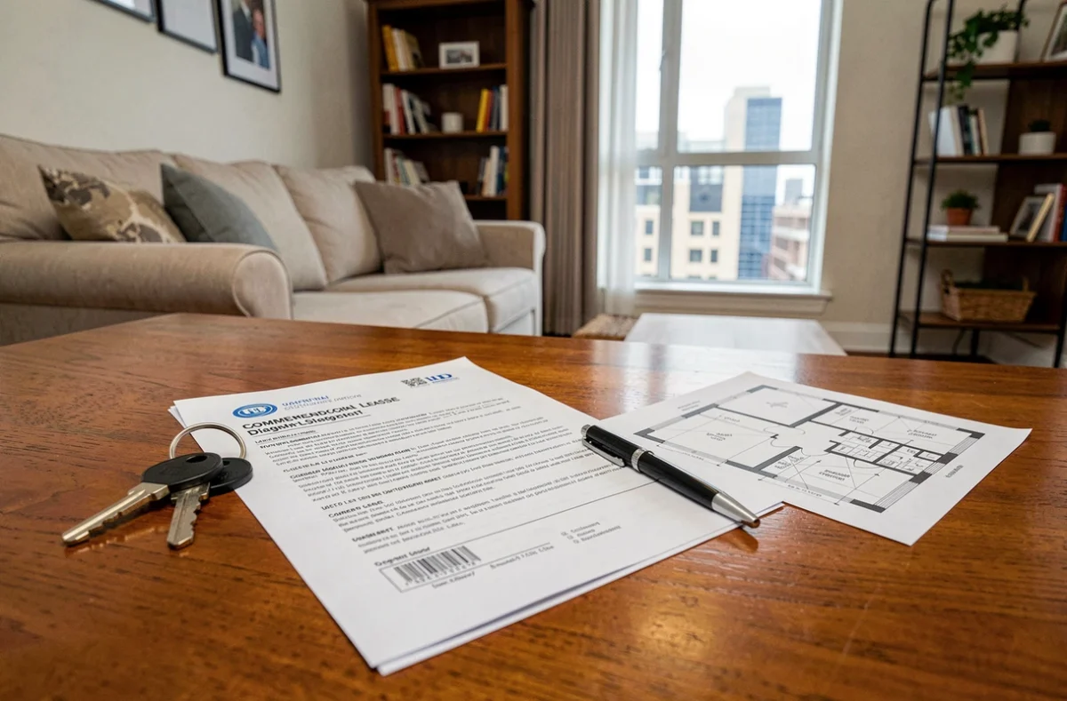 Documents de diagnostic bail commercial posés sur une table avec des clés d'appartement en location courte durée
